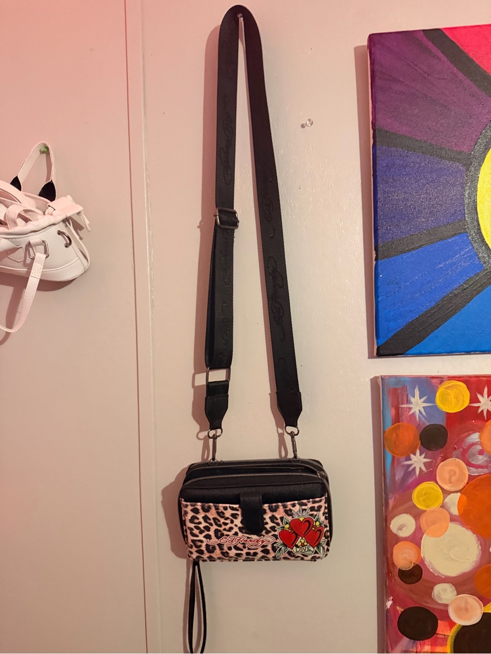 Ed Hardy Black and Leopard Crossbody with Red Heart Patch